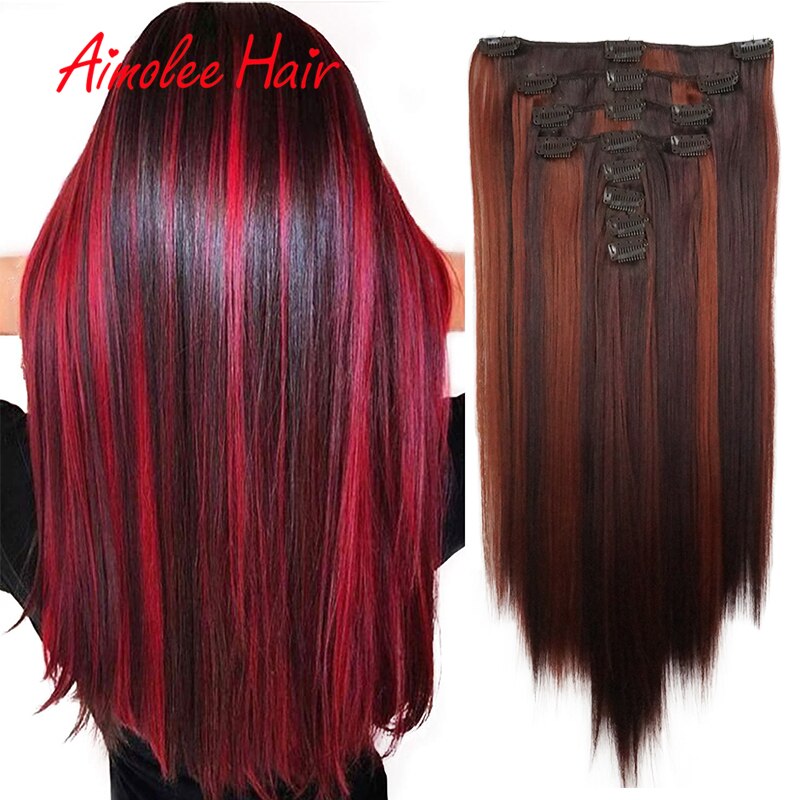 20inch 8PCS/Set Red Synthetic Hairpieces Long Straight Hair Extension Clip-in Hair Extensions Highlight Hair High Temperature
