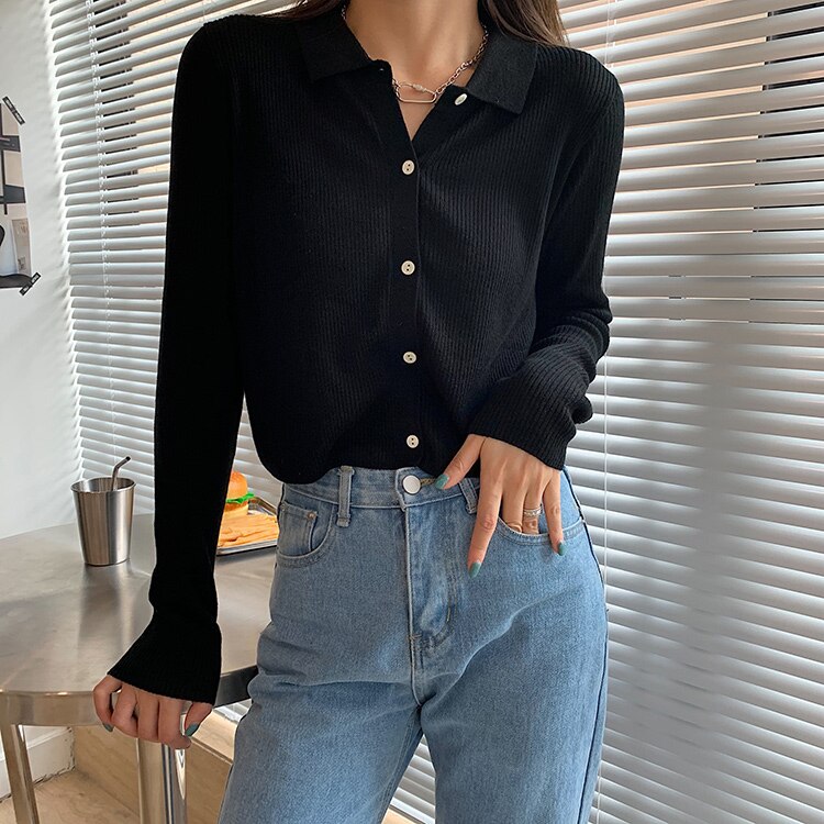 Polo col Cardigan veste femmes tricoté printemps coréen tricot Cardigans culture tricoté doux pull pour les femmes: black