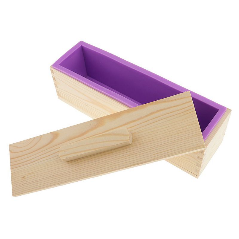 DIY Handmade Soap Silicone Mold - Rectangular Soap Mold with Wooden Box and Wooden Lid - purple + wood, 900ml
