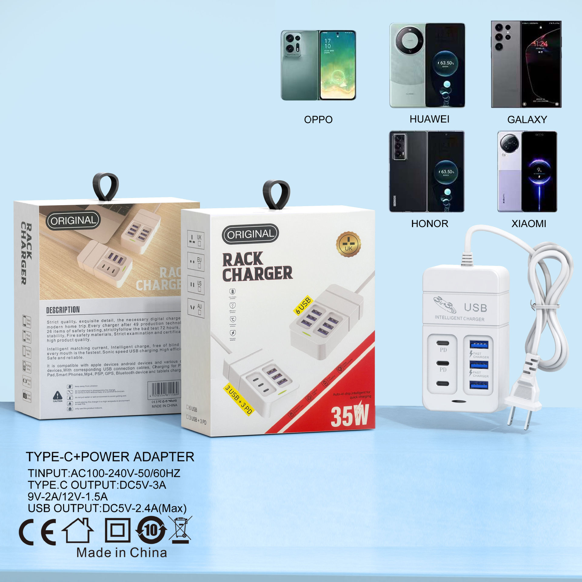 Ładowarka USB 35W typu C z wtyczką USB 6 portów 3A Szybkie ładowanie telefonu komórkowego Ładowarka sieciowa EU/US/UK Rozgałęźnik USB