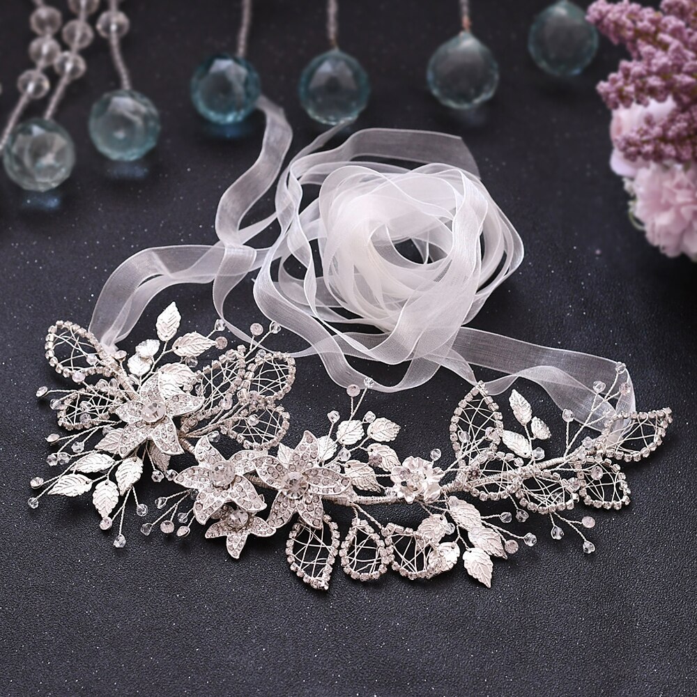 Cinturones de flores de aleación de plata, cinturón de diamantes de imitación para boda, joya femenina, faja para vestido, cinturón nupcial de diamantes de lujo para mujer: ivory orgaza