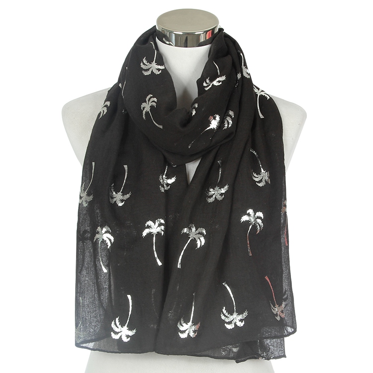 FOXMOTHER Spring Summer White Grey Navy Coconut Tree Shiny Silver Foil Scarf Glitter For Womens: Black