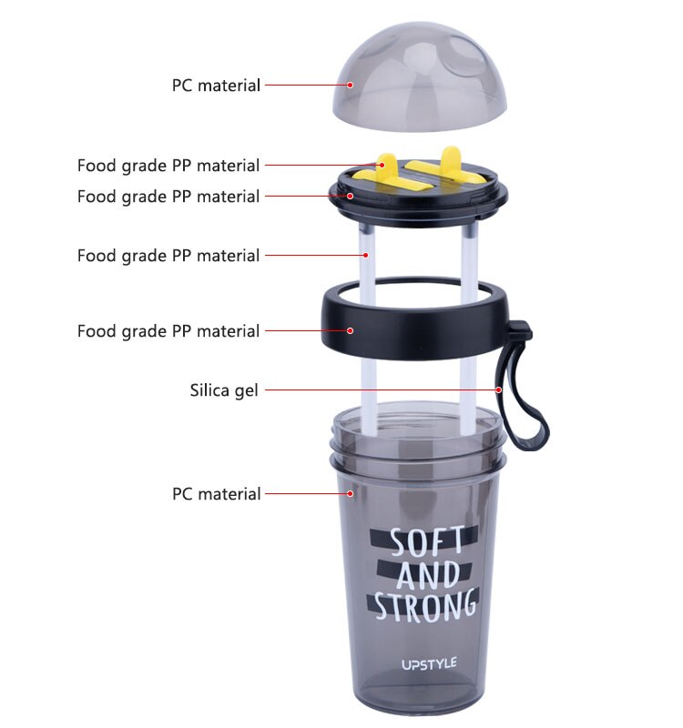 Dubbelfunktions plast shaker flaska protein vattenflaska med sugrör för gym