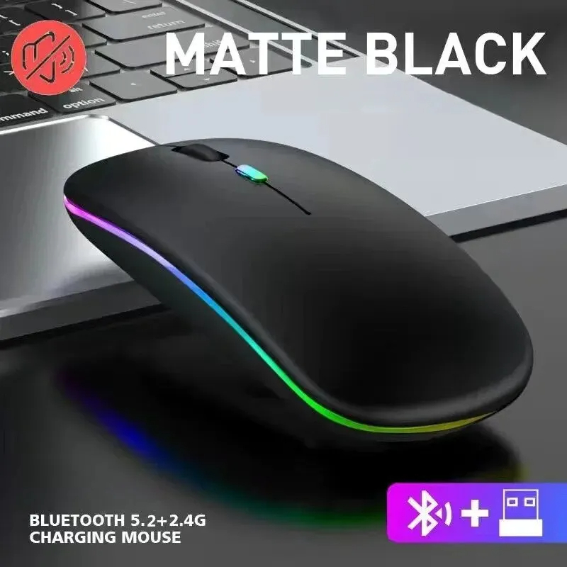 Wireless Mouse Rechargeable Silent LED Backlit Mice PC Laptop Computer Mous 2.4Ghz Receiver Bluetooth Dual Mode Optical Mice: black