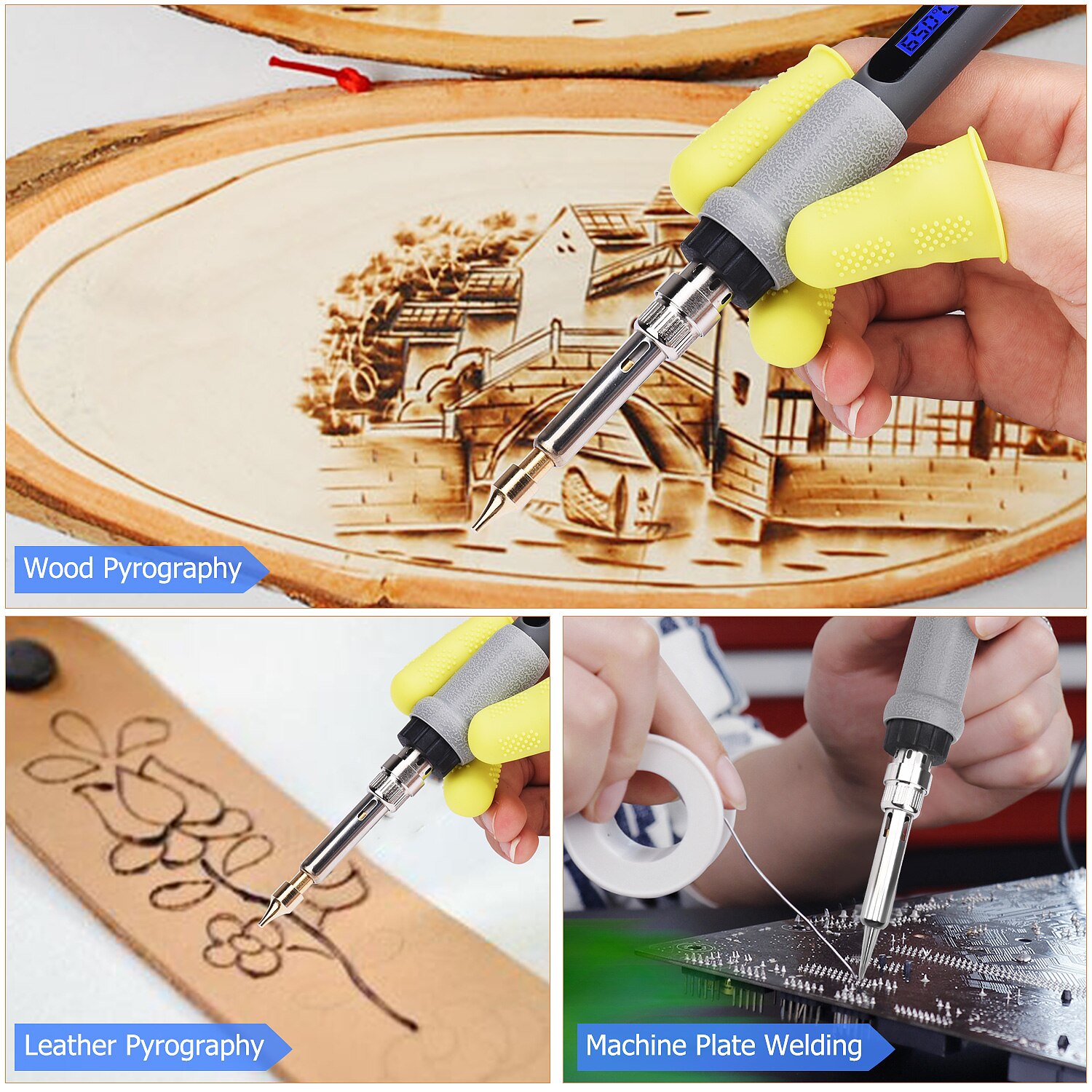62Pcs 60W Wood Burning Kit Carving Pyrography Pen Kit Adjustable Temperature Soldering Iron Welding Wood Embossing Burning Set