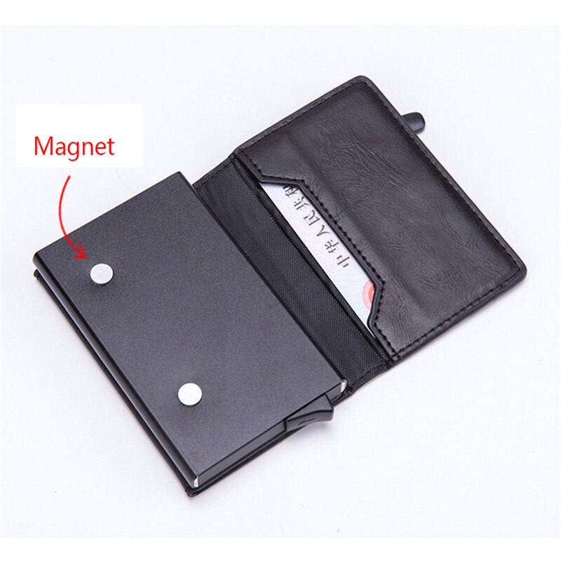 Cartera de cuero Pop Up funda de tarjeta imán de fibra de carbono monedero caja de aluminio Tarjeta de la cartera RFID hombres cartera titular de la tarjeta