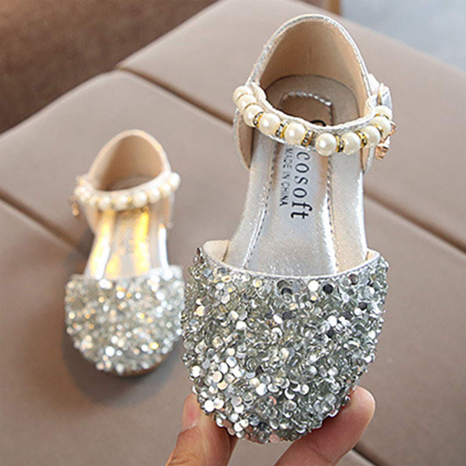 2022 Kids Meisjes Sequin Schoenen Zomer Leuke Parel Prinses Solid Lace Dans Enkele Casual Schoen Kinderen Bruiloft Schoenen