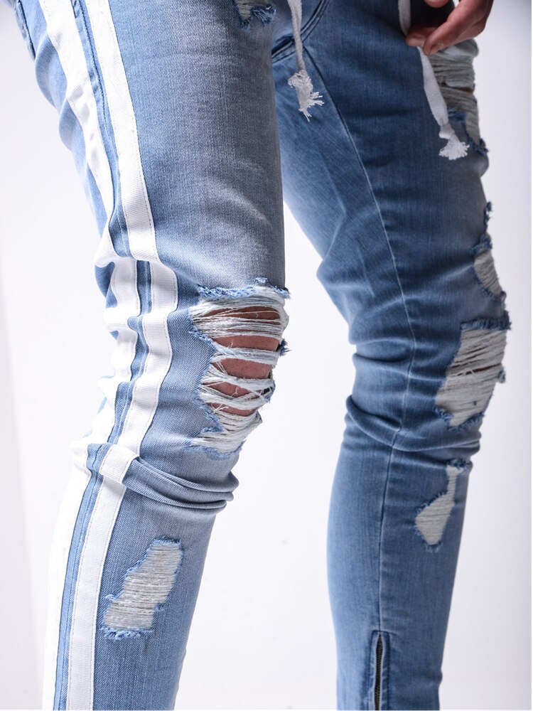 Män stretchiga trasiga hål skinny jeans sidrand dragkedja penna byxor jeans fritidsbyxor hip hop sweat byxor