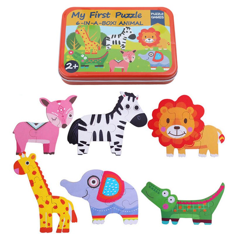 6 In 1 Cartoon Dieren Puzzel Brain Teaser Puzzel Houten Puzzels Met Ijzeren Doos Kids Vroege Educatief Speelgoed Verjaardag: 899067