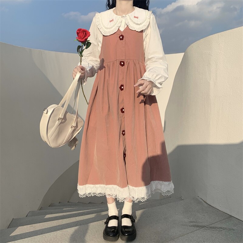 Japanese Style Dress for Women Autumn and Winter Small Sweet Gentle Cute Fairy Suspender Dress Mori Style Retro Long Dress