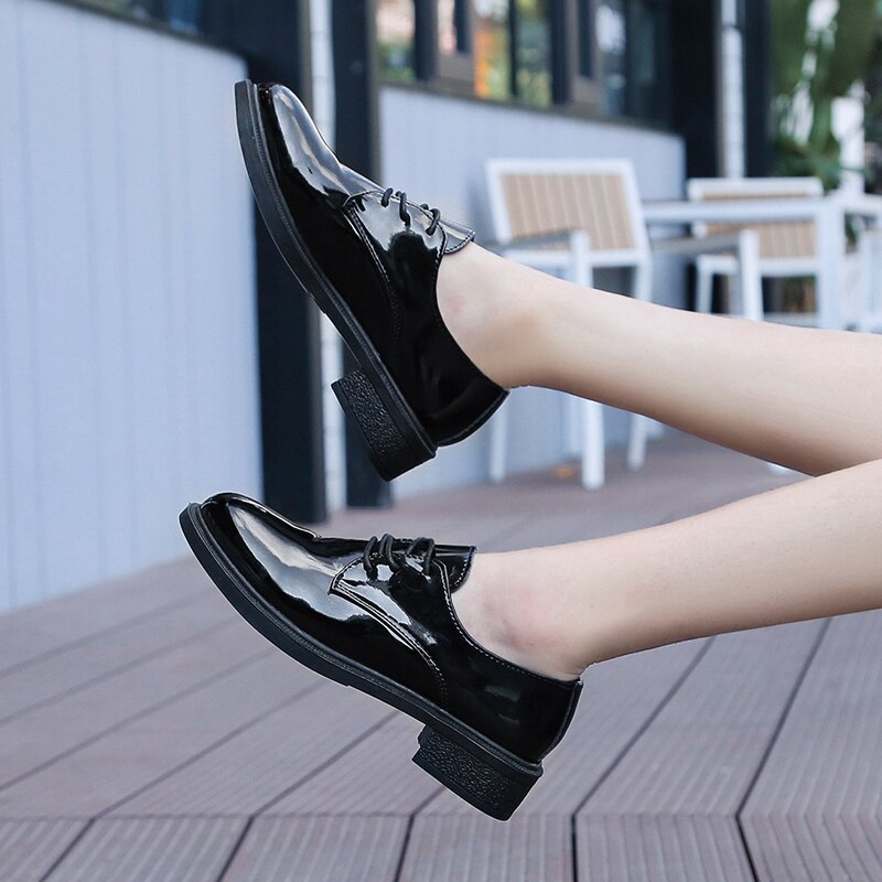 Zapatos planos de charol de estilo británico mocasines de Mujer Zapatos de tacón grueso de punta redonda para mujer zapatos