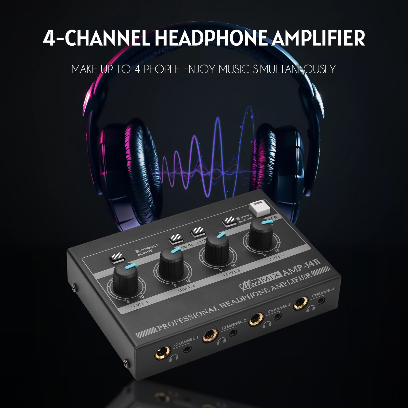 AMP-14 4-Channel Headphone Amplifier Compact Stereo Headphone Amp with RCA/6.35mm/3.5mm Input Volume Control