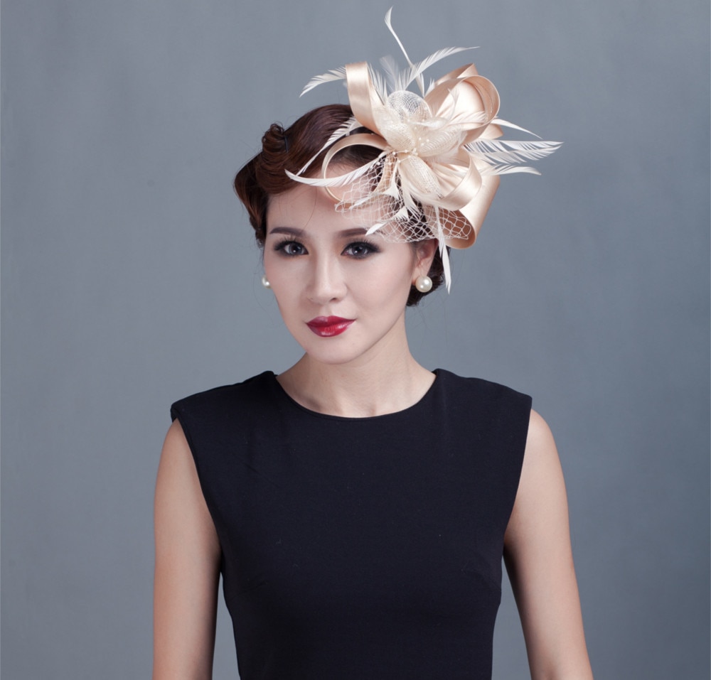 Women Cocktail Chic Fascinator Hat Church Headpiece Wedding Headwear Lady Party Formal Hair Accessories: champers