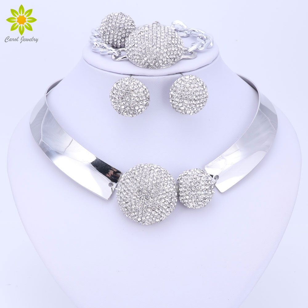 Afrikaanse Zilver Kleur Nigeriaanse Bruiloft Afrikaanse Kralen Sieraden Set Crystal Sieraden Sets Ketting Armband Oorbel Ring