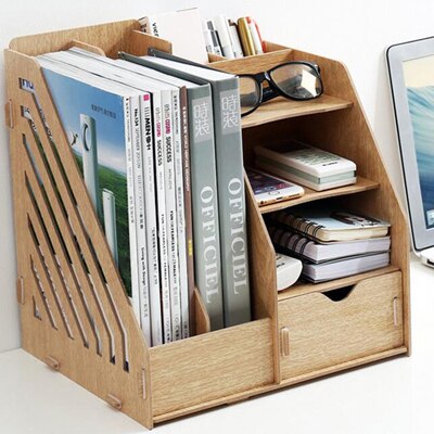 XRHYY Desktop Wooden Storage Box Office Supplies Finishing Storage Box Office File Rack Multi-Layer File Shelf A4 Data Bookshelf: Deep-Brown-1