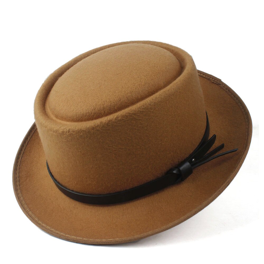 Mode vrouwen Fedora Hoed met Pork Pie Hoed voor Dame Kerk Wolvilt Hoed Kerk Trilby Tovenaar Platte Hoed maat 58cm: Khaki