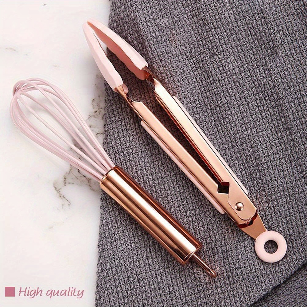 Five piece set of rose gold and pink kitchen utensils, mini silicone kitchen tools, mixing spatula, spoon, and slotted spatula