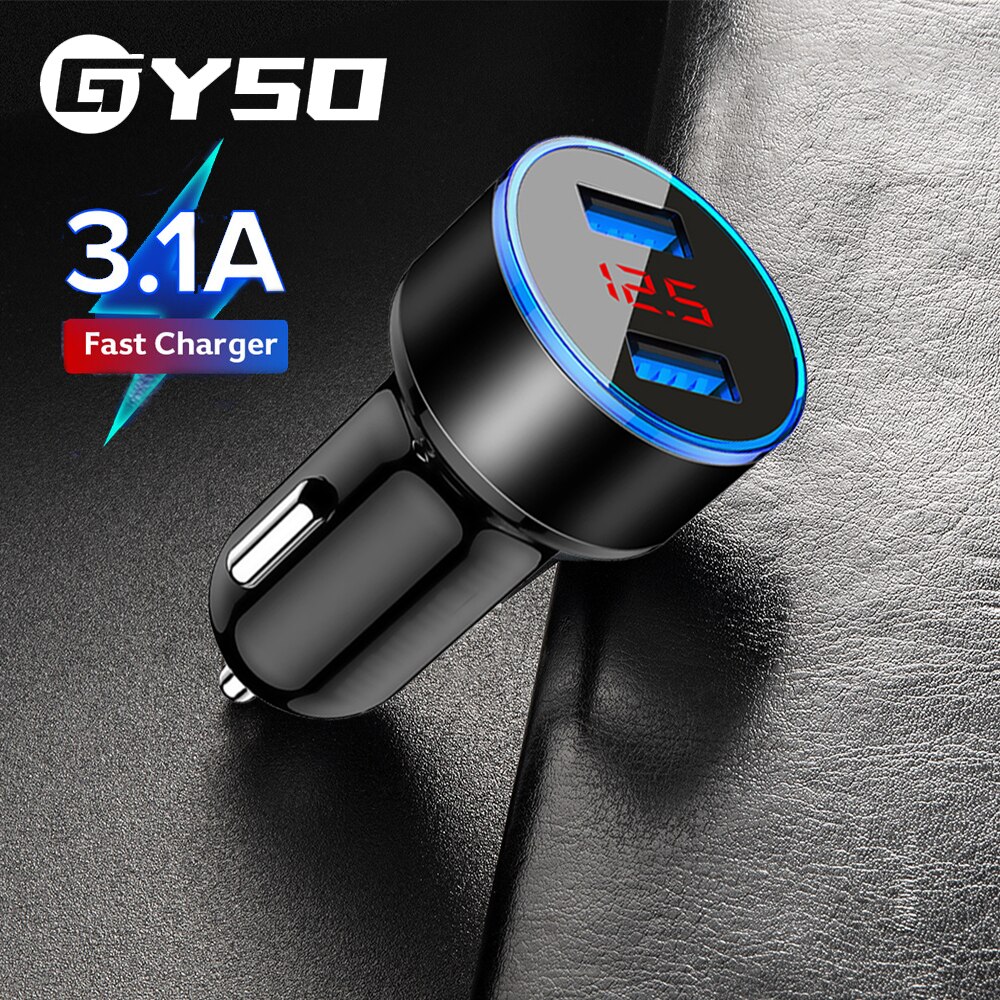 Gyso 3.1A Led Display Dual Usb Autolader Universele Mobiele Telefoon Aluminium Auto-Oplader Voor Xiaomi Mi 9 Iphone samsung Huawei Lg