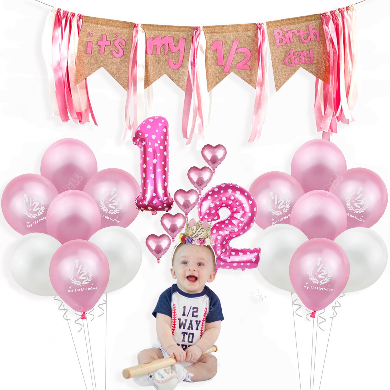 Half Birthday Party Decorations Kit It's My 1/2 Birthday Banner Balloons Crown Hat For 6 Months Baby Girl Boy Baby Shower Decor