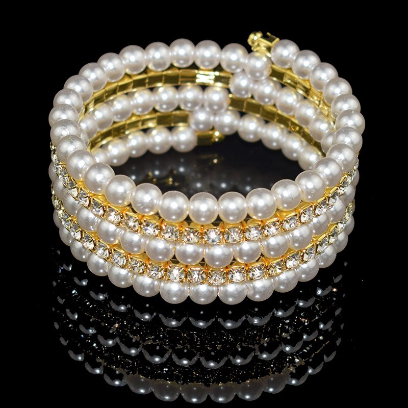 Bracelets multicouches élégants en cristal pour femmes, Imitation perle, plaqué or et argent,: 5 rows of gold