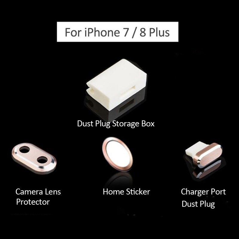 4 In 1 For iPhone 7 8 Metal Rear Camera Lens Protector Cover+Home Button Sticker+Charging Port Anti Dust Plug For iPhone7 8 Plus