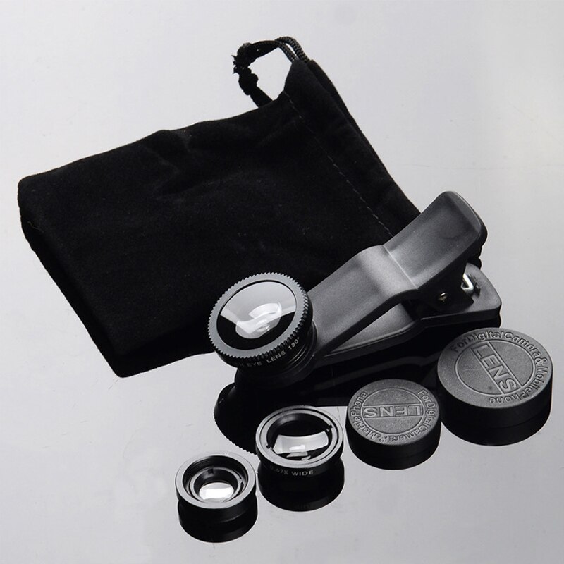 Universele 3 in 1 macro fisheye lens camera mobiele telefoon lenzen fisheye lenzen voor iphone smartphone accessoire: Zwart