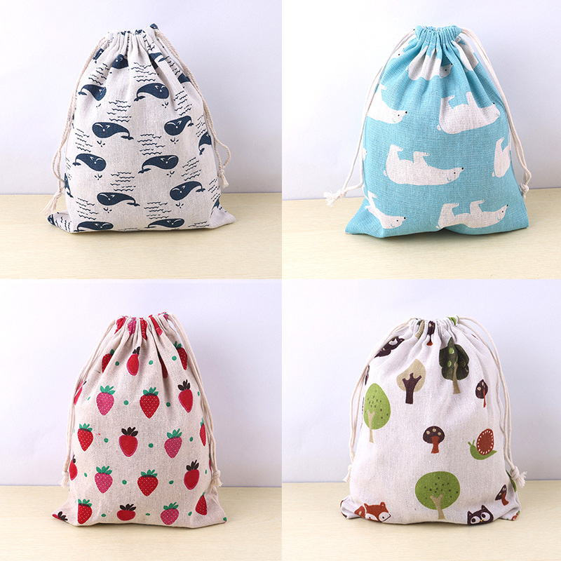 Bolsa de tela de lino y algodón, bolsa con cordón, estampado de plantas y animales bonitos, bolsa de almacenamiento de zapatos de tela de viaje para niños, estuche de maquillaje, bolsa de de Navidad