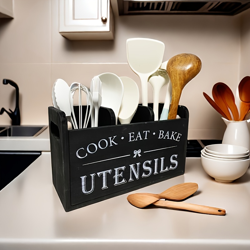 Soporte para utensilios de cocina con 3 compartimentos, organizador de utensilios de madera para encimera de cocina, decoración de cocina, utensilio de cocina