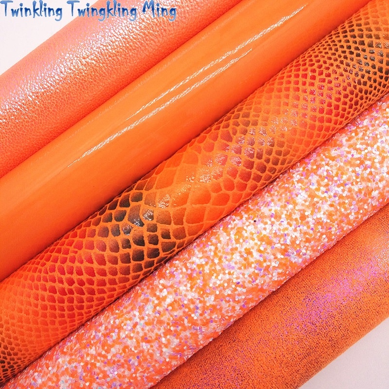 Oranje Glitter Leer, Snake Gedrukt Faux Leer, patent Synthetische Stof Voor Boog A4 21X29 Cm Twinkling Ming KM148