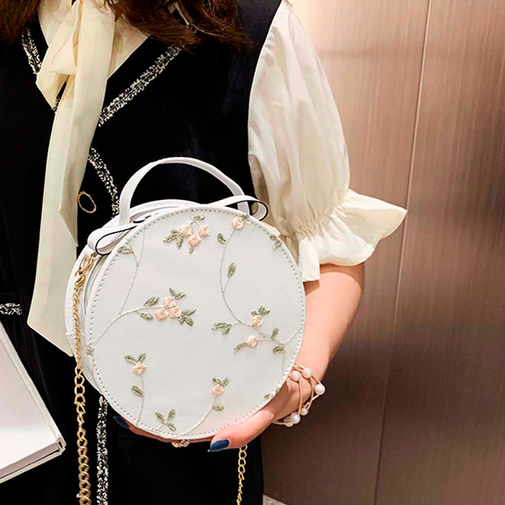 Women Lace Floral Round Handbag PU Crossbody Messenger Mini Clutch Ladies Bags Brand Shoulder Bag Purse Sac bolso mujer #YJ