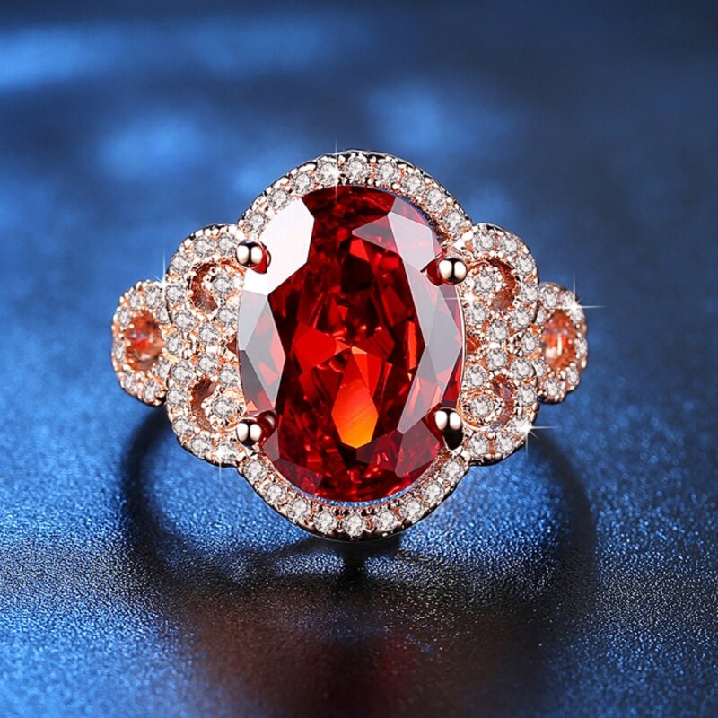 Valentine's Day Womens Rose gold color Big Red CZ Wedding Ring Shiny AAA CZ hollow out Zircon Ring Girls Party Jewelry Anel