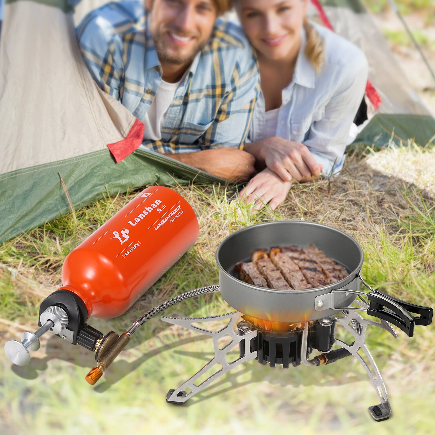 Réchaud de Camping multi-carburant avec bouteille d&#39;essence de 500ml et 9 plaques, pare-brise, pare-brise, Diesel, alcool, Camping en plein air