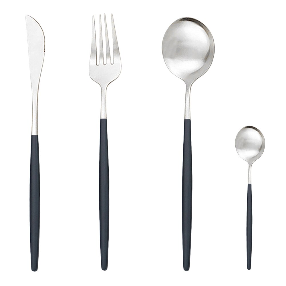 16pcs Western Black Gold Dinnerware Flatware Set Kitchen Knife Fork Spoon Cutlery Set 304 Stainless Steel Matte Silverware Set: Black Silver