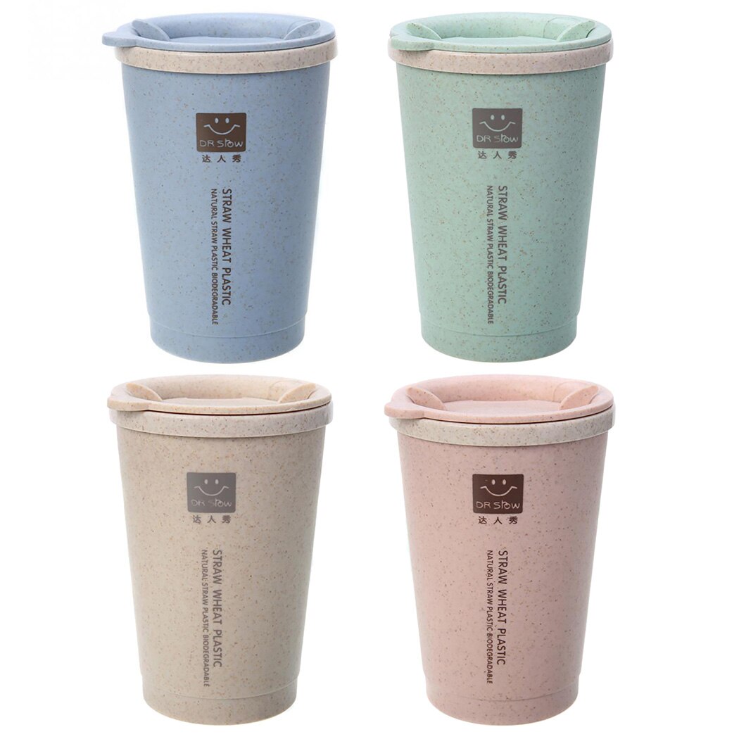 Copo de água de café de palha de trigo portátil com palhas multi-funcional dupla tampa cola café copo de plástico beber caneca de viagem