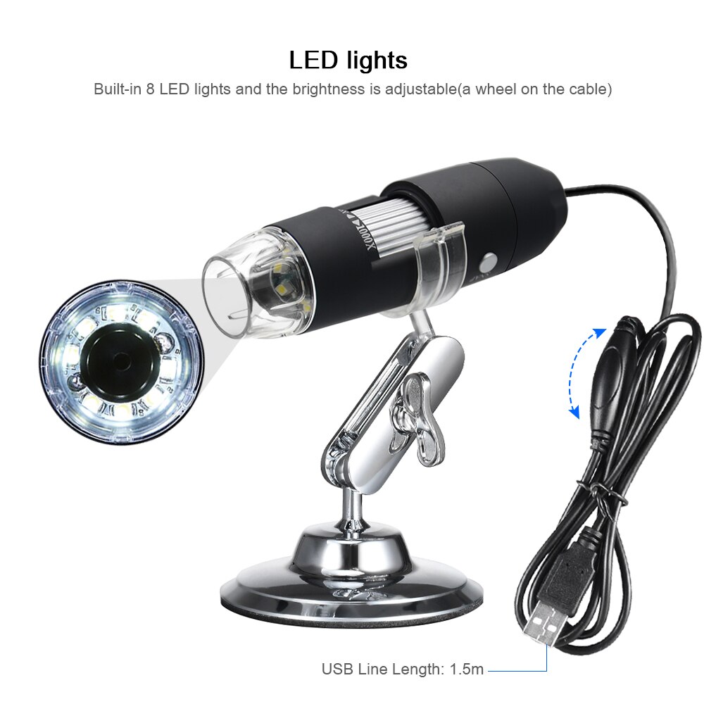 KKmoon USB Digitale Microscoop met OTG Functie 1600X Vergroting Endoscoop 8-LED Light Vergrootglas Vergrootglas met Standaard