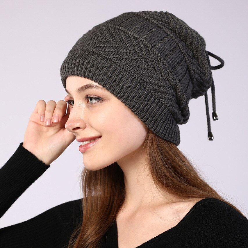 Gorro de punto elástico para mujer, bufanda de redecilla lisa, cálido, para Otoño e Invierno: Gray