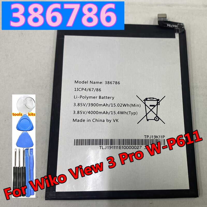 386786 4000mAh originale per Wiko View 3 View3 Pro W-P611 M2766 TPJ18K07P TPJ18K07P batteria sostitutiva per telefono cellulare: battery add tools