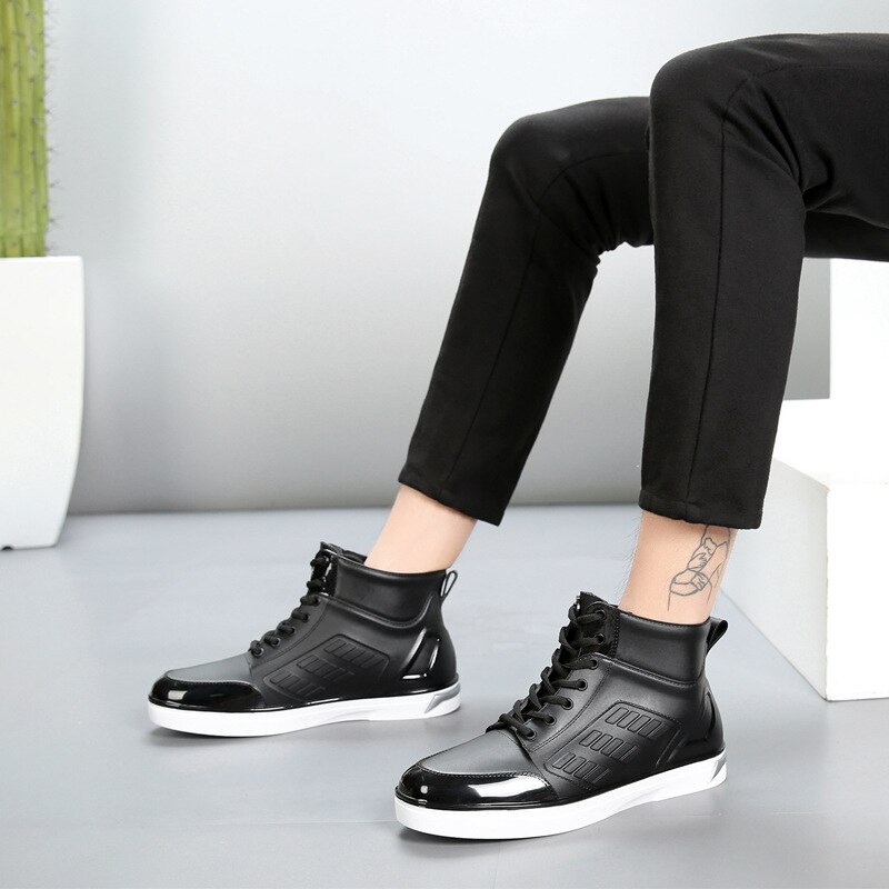 Men's Rainboots Waterproof Rain Shoes Men Rain Boy Water Shoes Rubber Black Ankle Boots Lace-Up Shoes for Mens Boots
