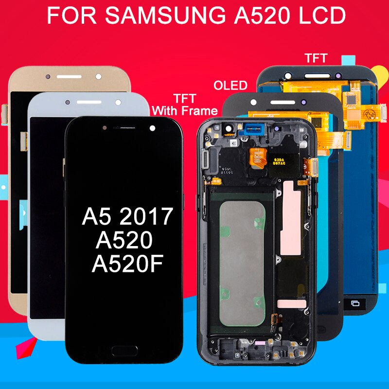 Dinamico A520 Display Voor Samsung Galaxy A5 Lcd A520F Display Touch Screen Digitizer Panel Assembly Met Frame