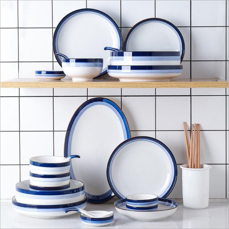 Blue Gradient Dinner Plate Ceramic Kitchen Plate Tableware Set Food Dishes Rice Salad Noodles Bowl Soup Kitchen Cook Tool 1PC