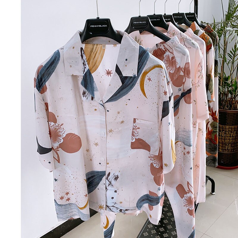 Kvinder sommer pyjamas kortærmet viskose bomuld hjemmetøj kvindelige trykte bukser homewear jakkesæt plus size loungewear