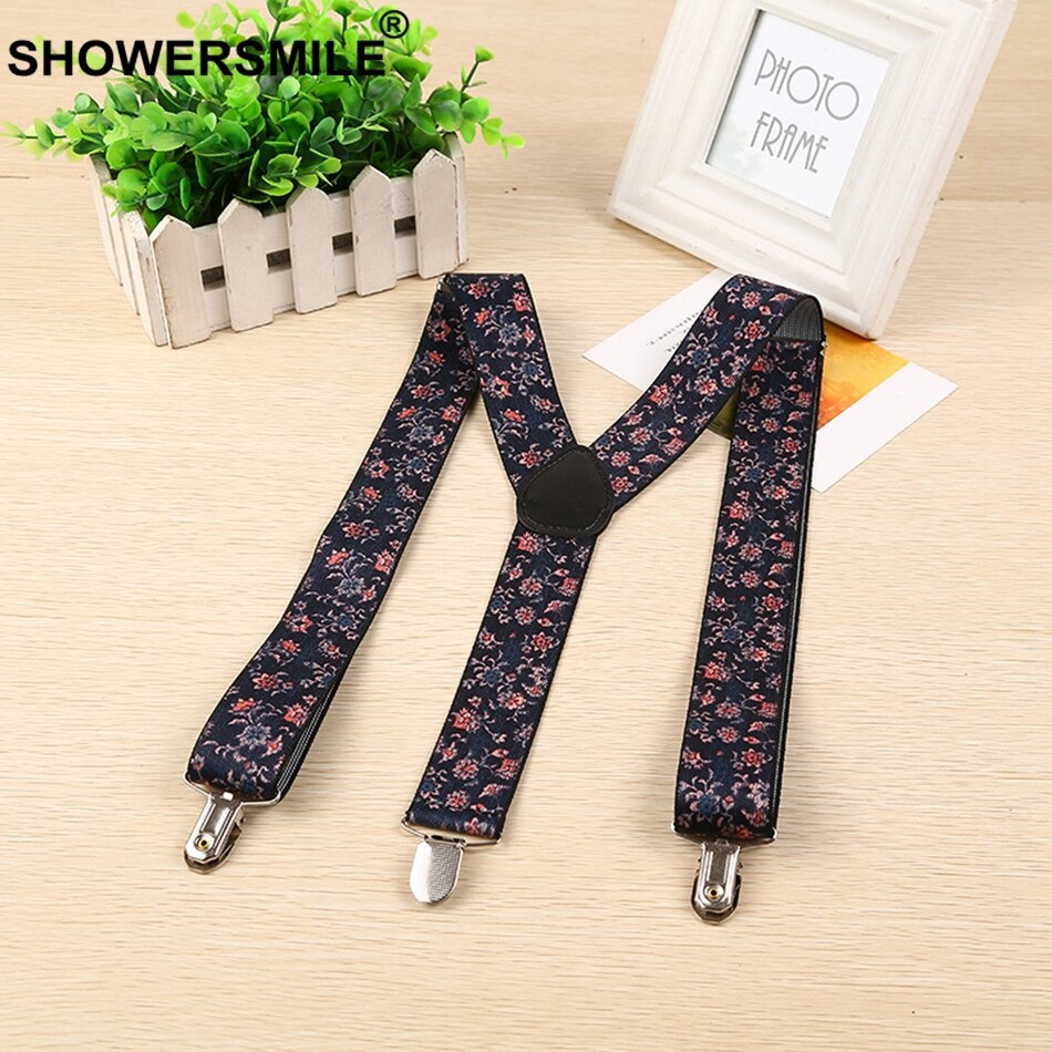 SHOWERSMILE-bretelles Floral pour hommes, larges bretelles Vintage pour pantalons masculin, imprimé marine, ceinture à bretelles arrière en Y avec Clips, 100cm