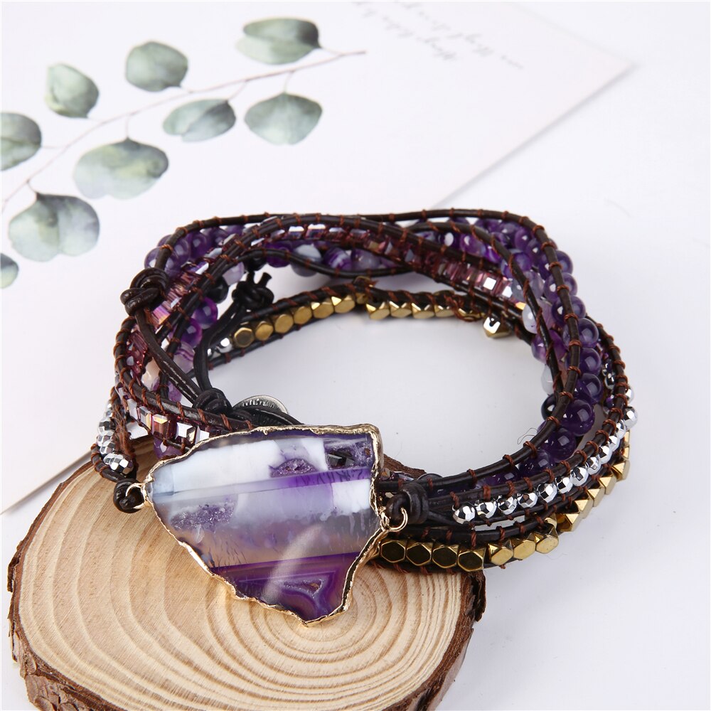 Bohemian Kralen Natuursteen Armband Ovale Cuboid Power Stone Hand Geweven Lederen Armband Vrouwen Armband Op Hand