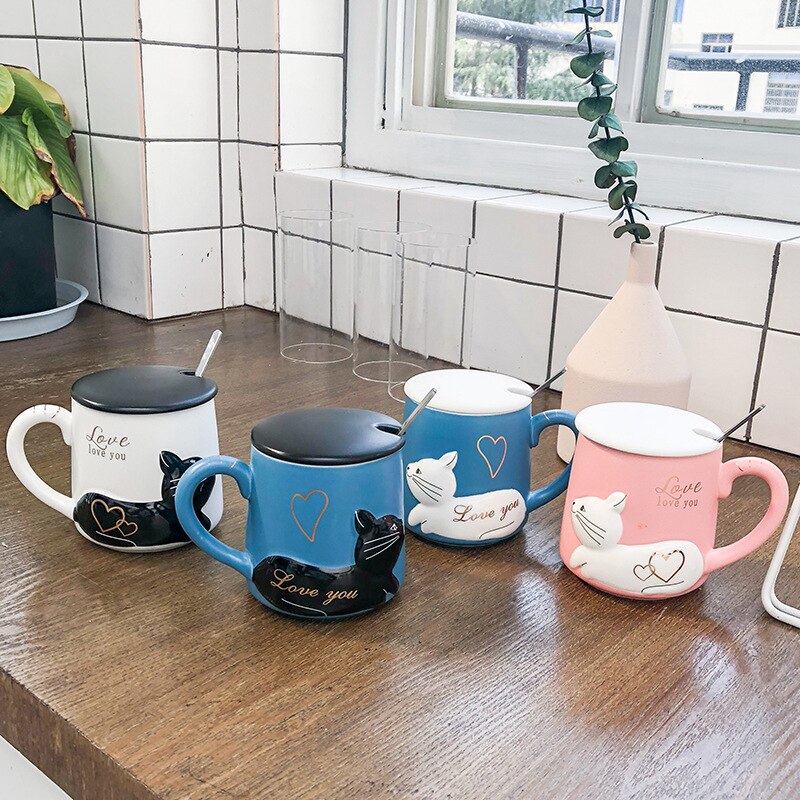 3d lättnad katt keramisk kopp med lock sked vatten kopp tecknad konstnärlig hipster män och kvinnor studenter par kopp