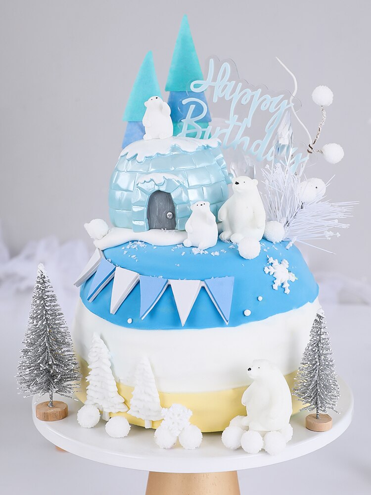Polar Bear Theme Cake Topper for Home Happy Birthday Merry Ice and Snow Party Ornaments Dessert Baking Decorations Supplies