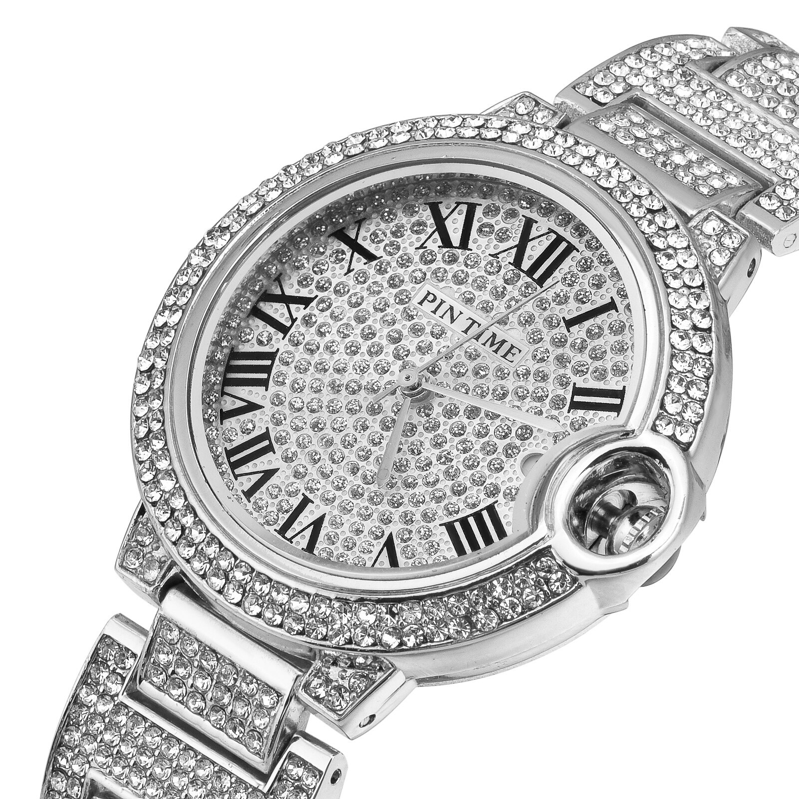 PINTIME Roman Numeral Man Wrist Watch Clock Male Wristwatch Quartz Watch Men Women Luxury Full Diamond Hip Hop Iced Out Watches