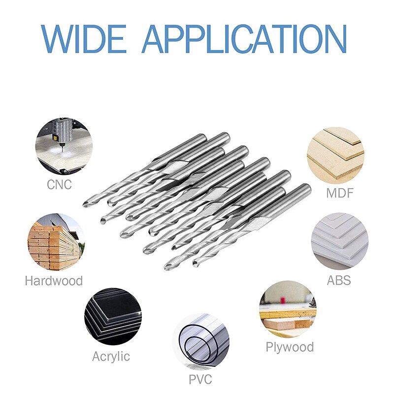 10Pcs CNC Router Bit 2mm Ball Nose End Mill 2-Flute Spiral Upcut Milling Cutter Engraving Carving Tool Set