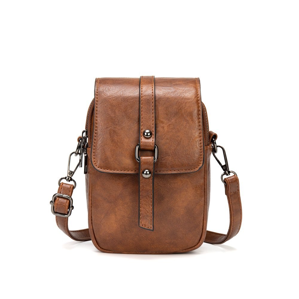 Olie Wax Pu Leer Vrouwen Enkele Schouder Messenger Bag Grote Capaciteit Twee-Layer Schoolmeisje Mobiele Telefoon Bag Guangzhou tas: Brown