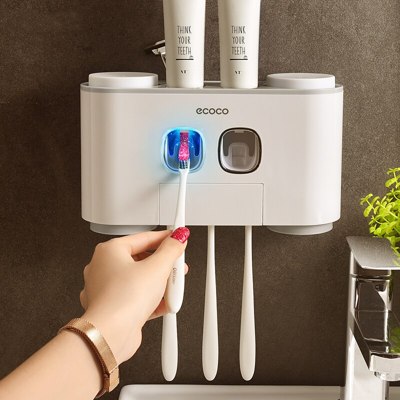 Automatisk tandpasta dispenser støvtæt tandbørsteholder med kopper ingen negle vægstand hylde badeværelse tilbehør sæt: Grå