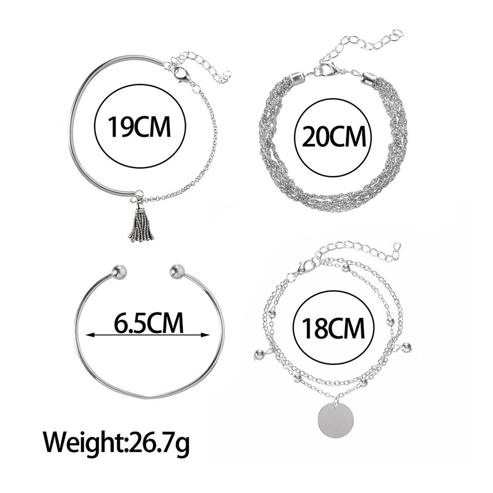 Minimalist Bracelet 4-Piece Silver Color Smooth Tassel Bracelet Cool Multi-Layer Chain round Plate Bracelet for Women